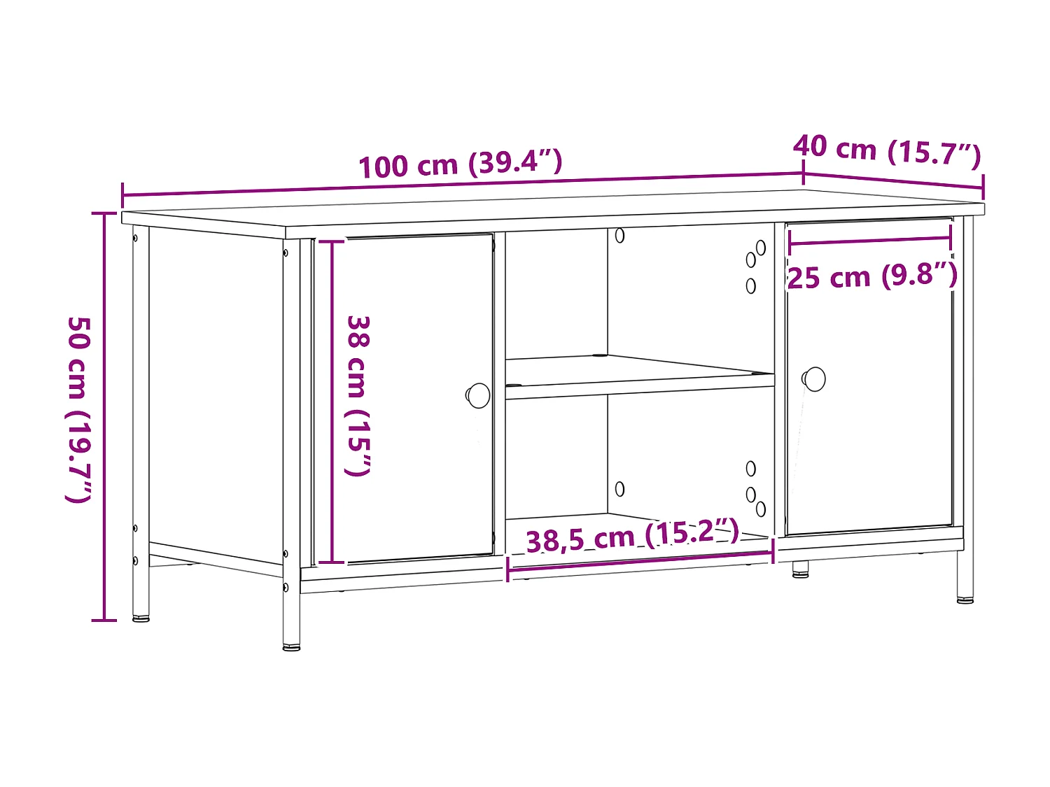 Meuble TV Noir Chêne 100x40x50 cm Bois d'ingénierie et Acier