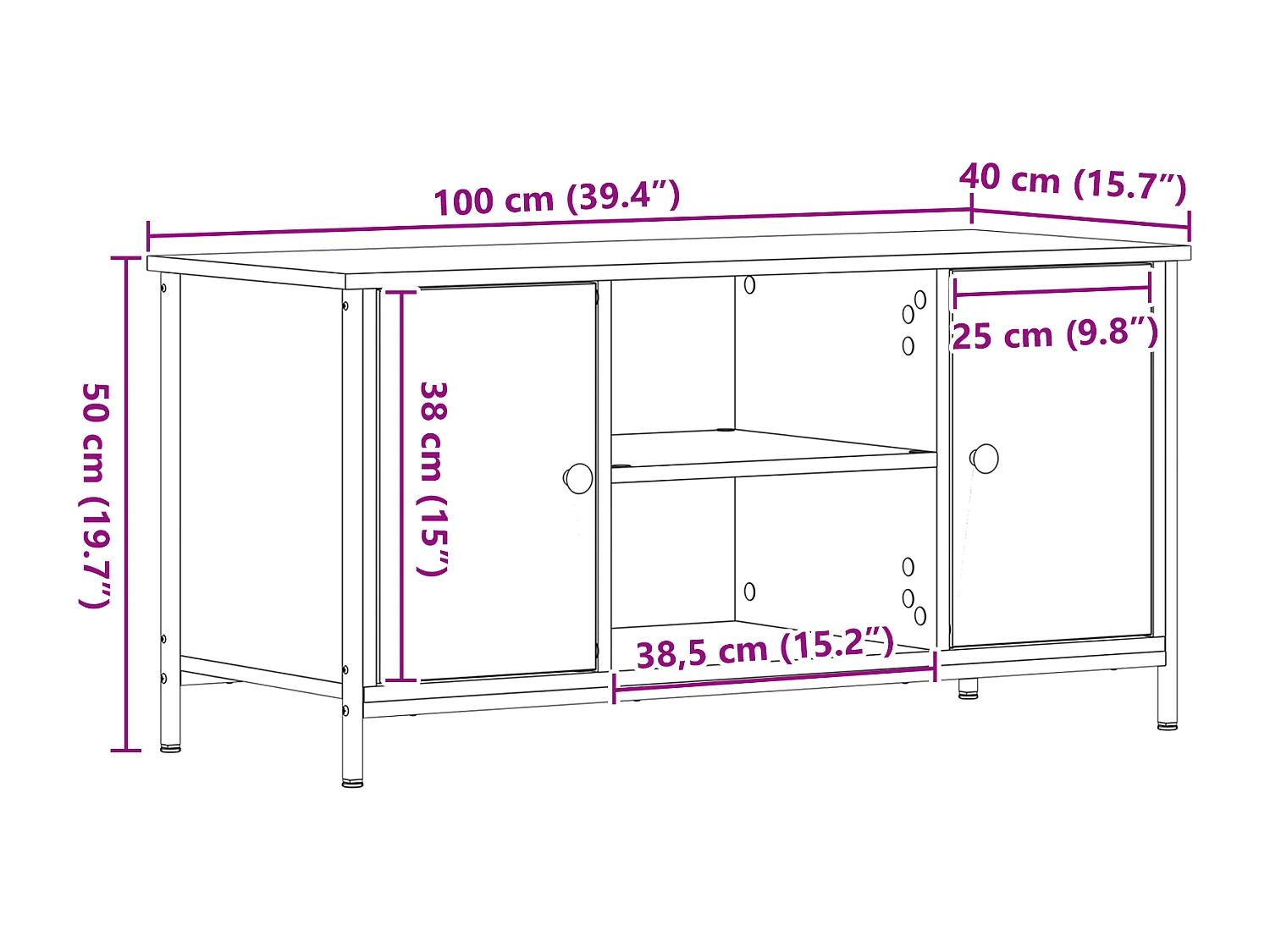 Meuble TV Noir Chêne 100x40x50 cm Bois d'ingénierie et Acier
