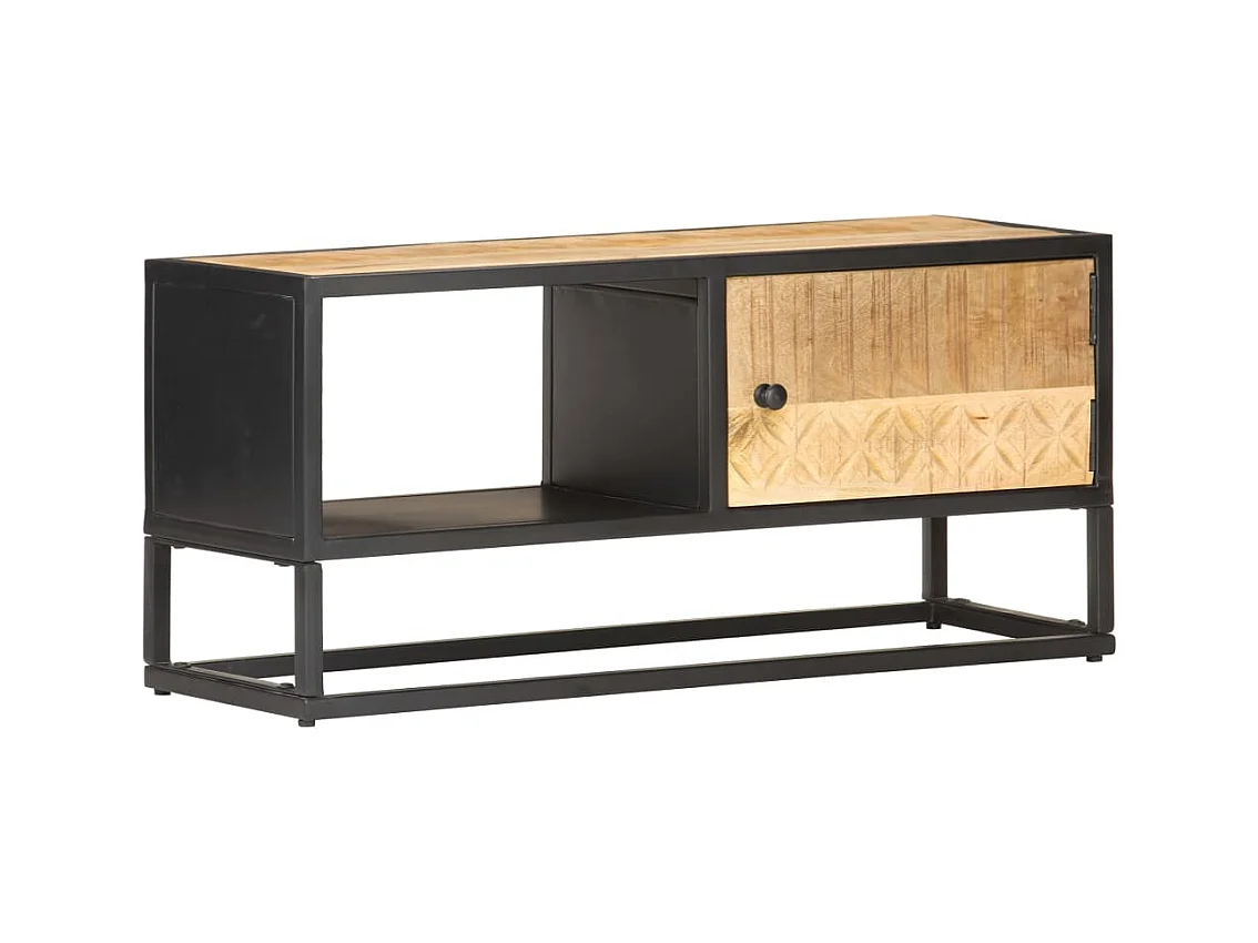 Meuble TV avec porte sculptée 90x30x40 cm Bois de manguier brut