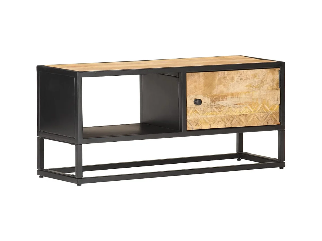 Meuble TV avec porte sculptée 90x30x40 cm Bois de manguier brut