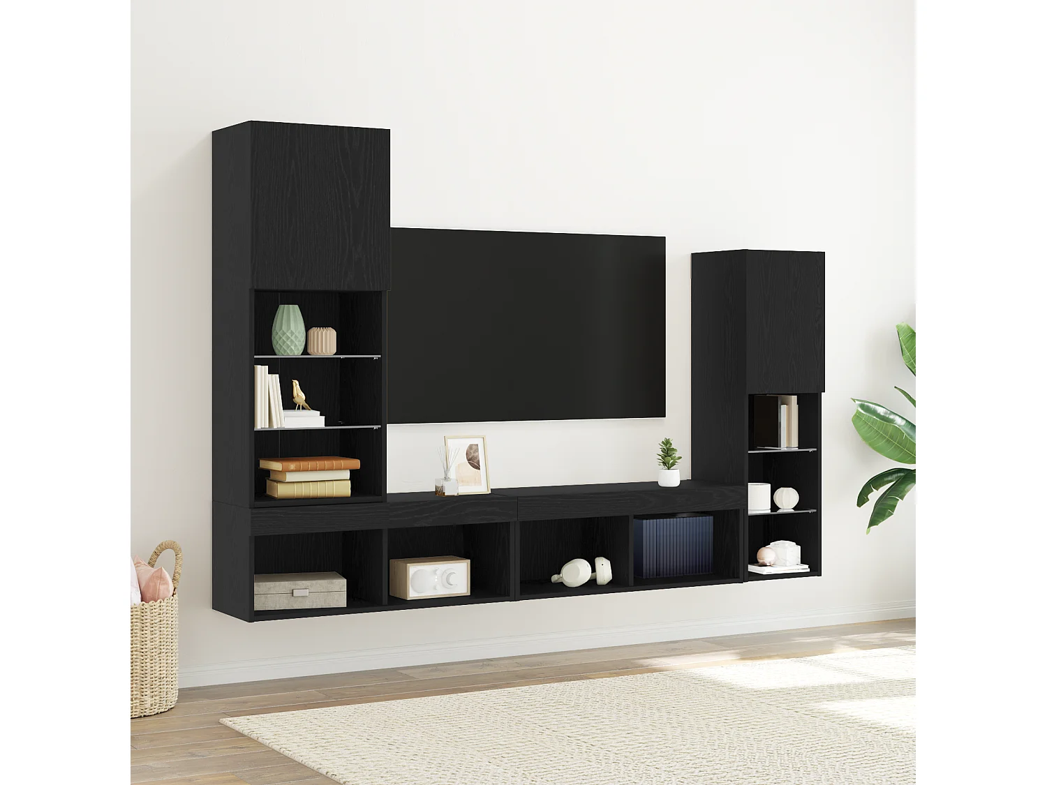 Meuble TV LED Chêne Noir 30.5x30x102 cm Bois Technique