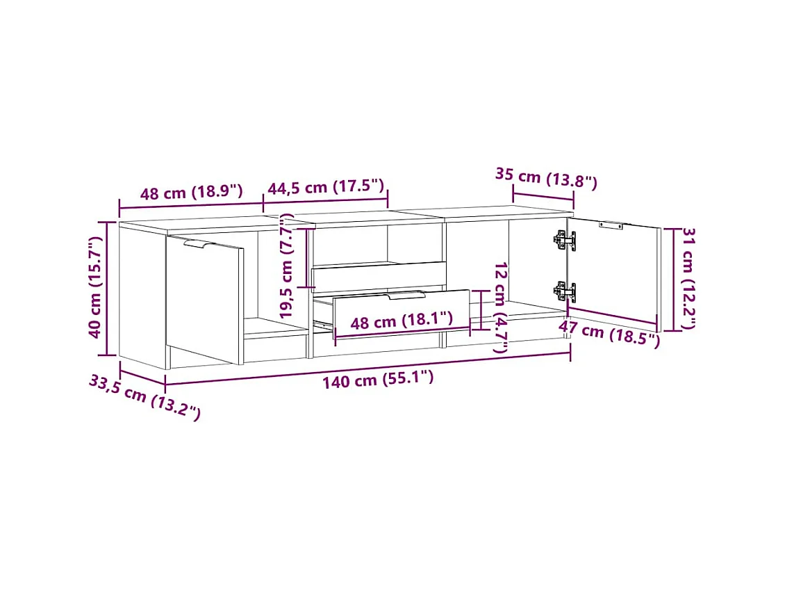 Meuble TV chêne artisanal 140x35x40 cm bois d'ingénierie