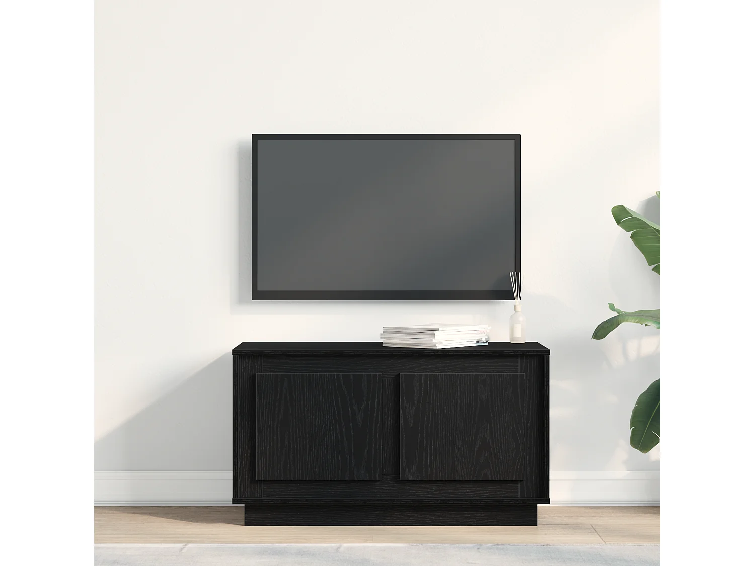 Meuble TV Noir Chêne 80x35x45 cm En Bois Agencé