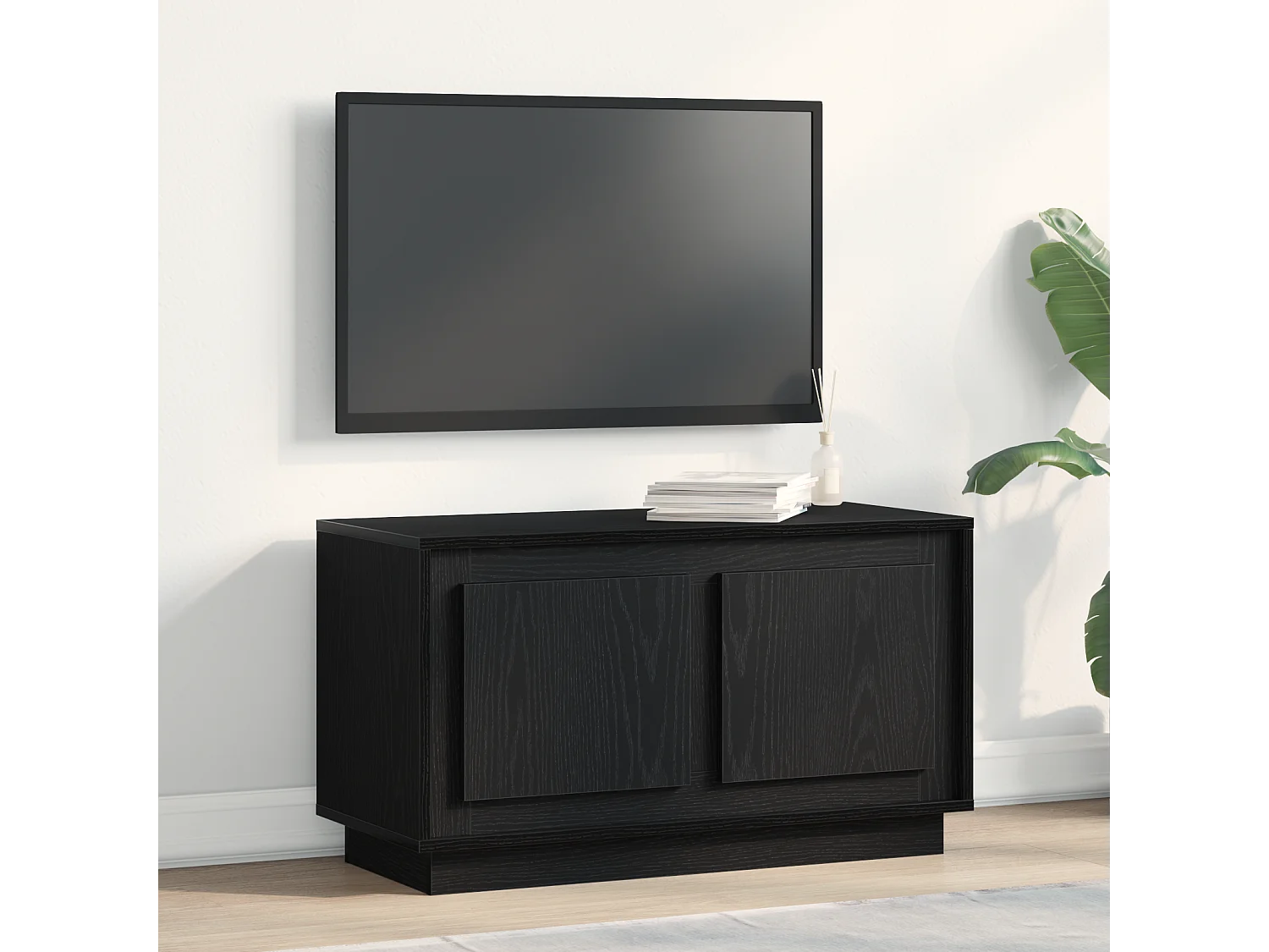 Meuble TV Noir Chêne 80x35x45 cm En Bois Agencé