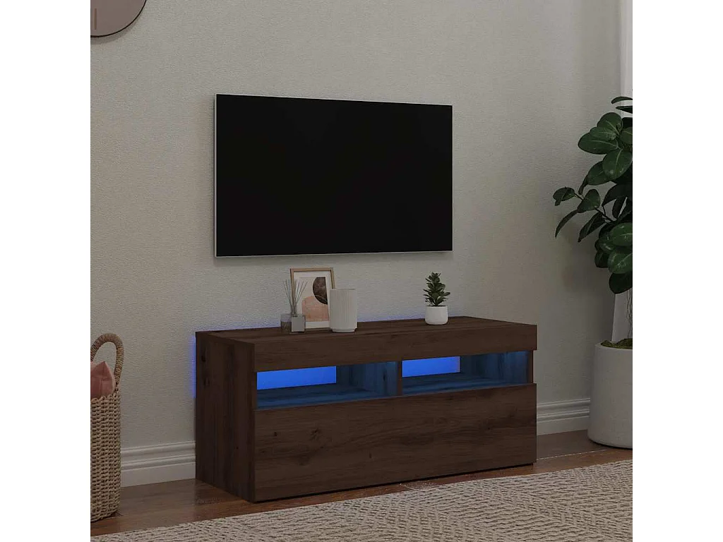 Meuble TV avec lumières LED chêne artisanal bois d'ingénierie