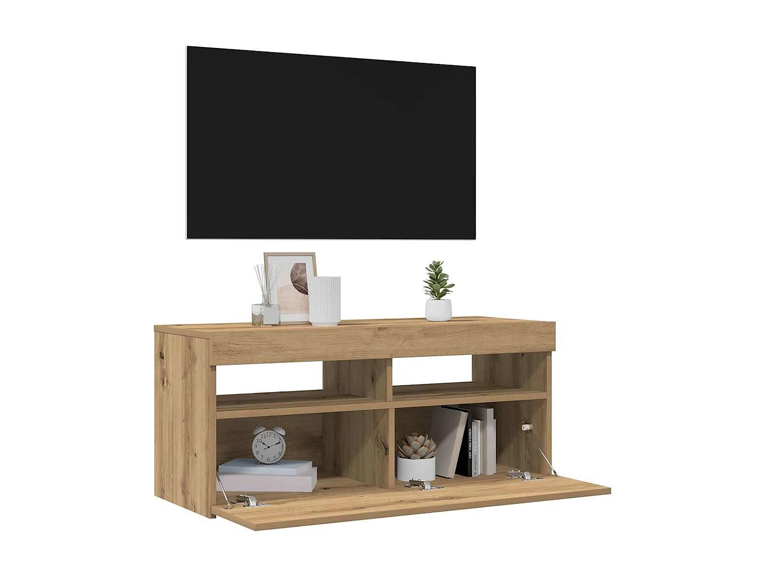 Meuble TV avec lumières LED chêne artisanal bois d'ingénierie