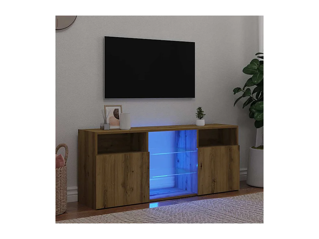 Meuble TV avec lumières LED chêne artisanal bois d'ingénierie