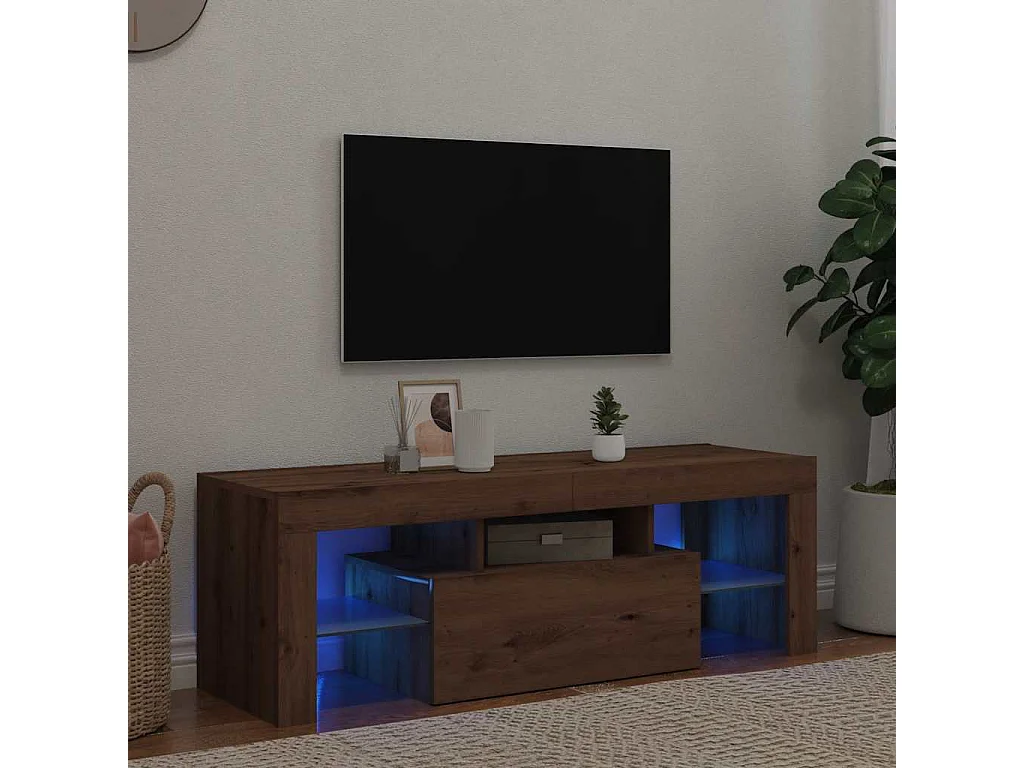 Meuble TV avec lumières LED chêne artisanal bois d'ingénierie