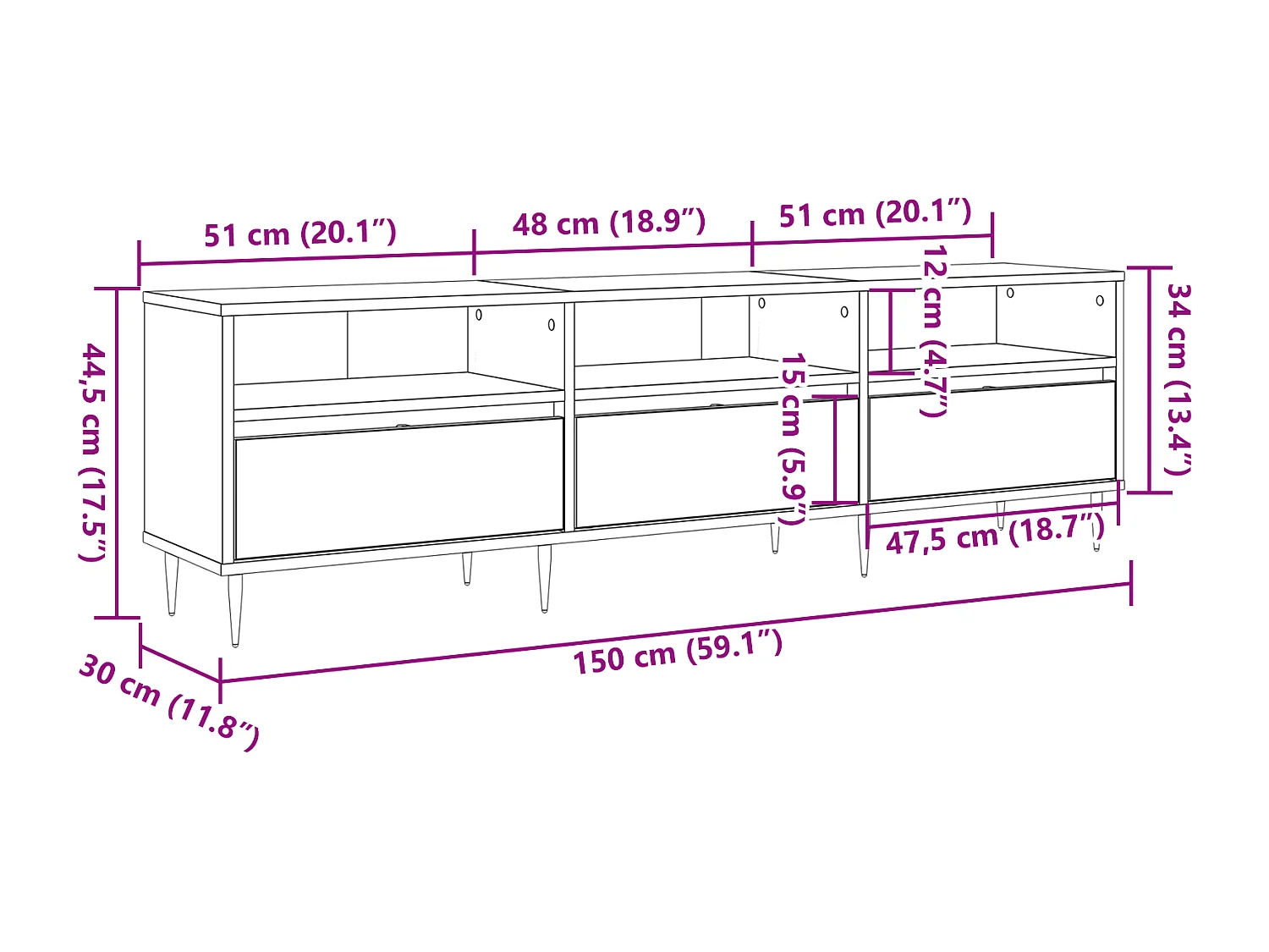 TV-meubel Handgemaakt eikenhout 150x30x44,5 cm Technisch hout
