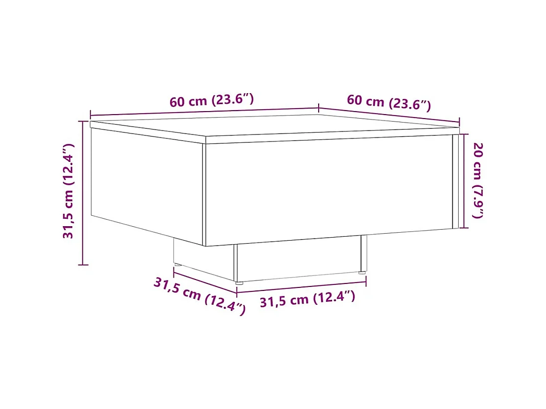 Table basse chêne artisanal 60x60x31,5 cm bois d'ingénierie