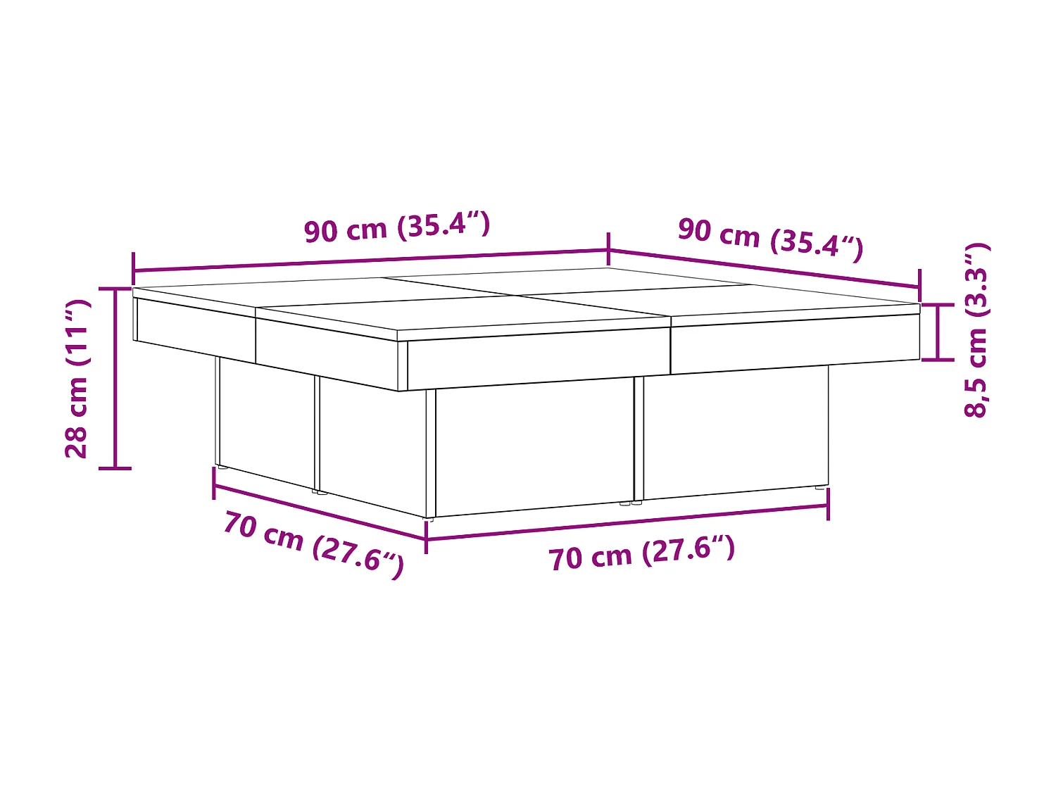 Table basse en chêne noir 90x90x28 cm en bois d'ingénierie