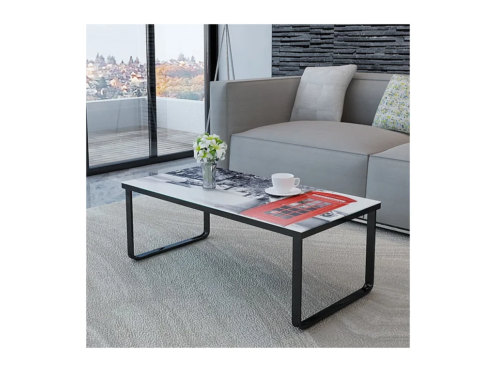 Mesa de centro con estampado de cabina telefónica. Tapa de cristal.