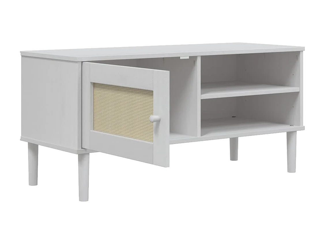 Meuble TV  aspect rotin blanc 106x40x49cm bois massif pin