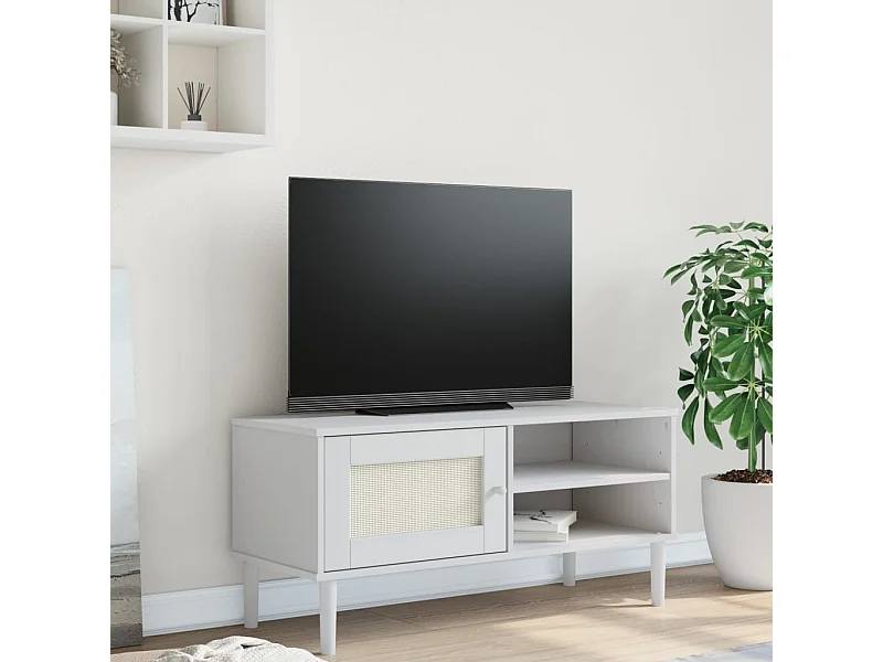 Mobile TV  in effetto rattan bianco 106x40x49cm in legno massello di pino