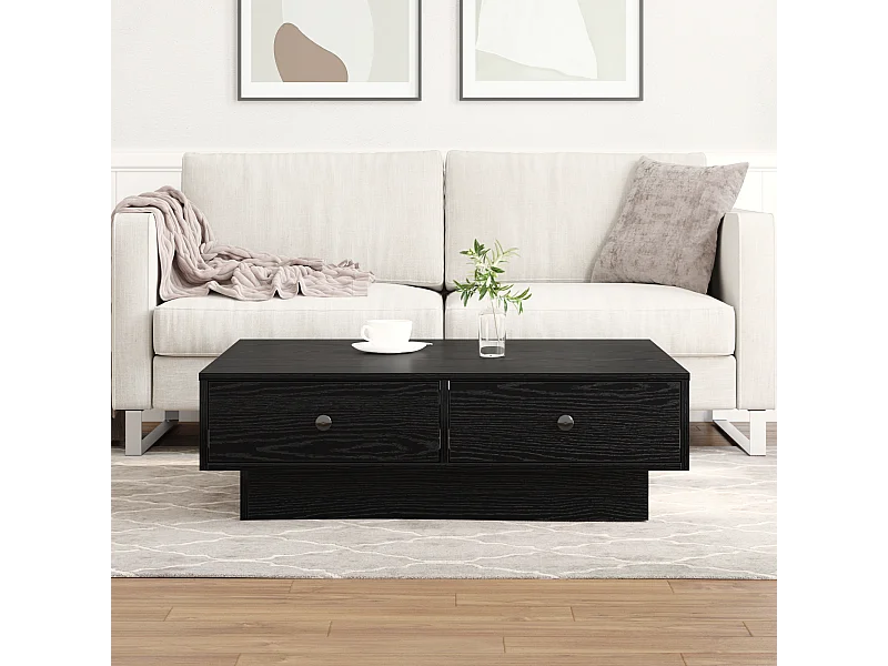 Zwarte houten salontafel, bewerkt hout, 90 x 90 x 28 cm