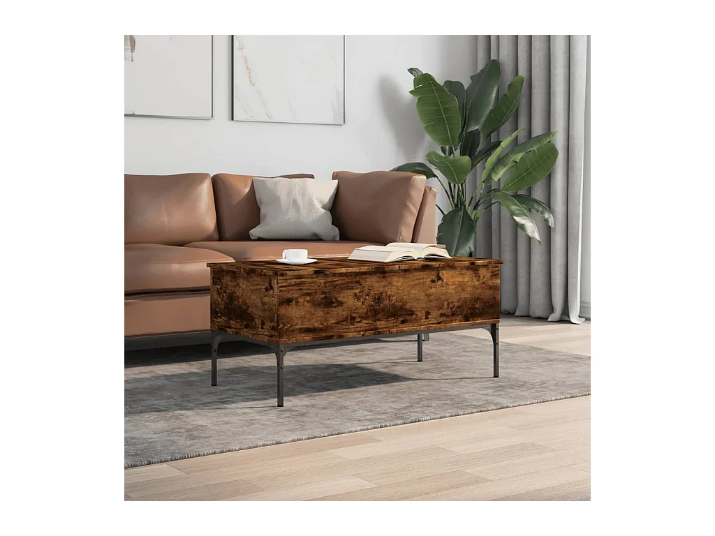 Gerookte eiken salontafel 100x50x45 cm bewerkt hout en metaal