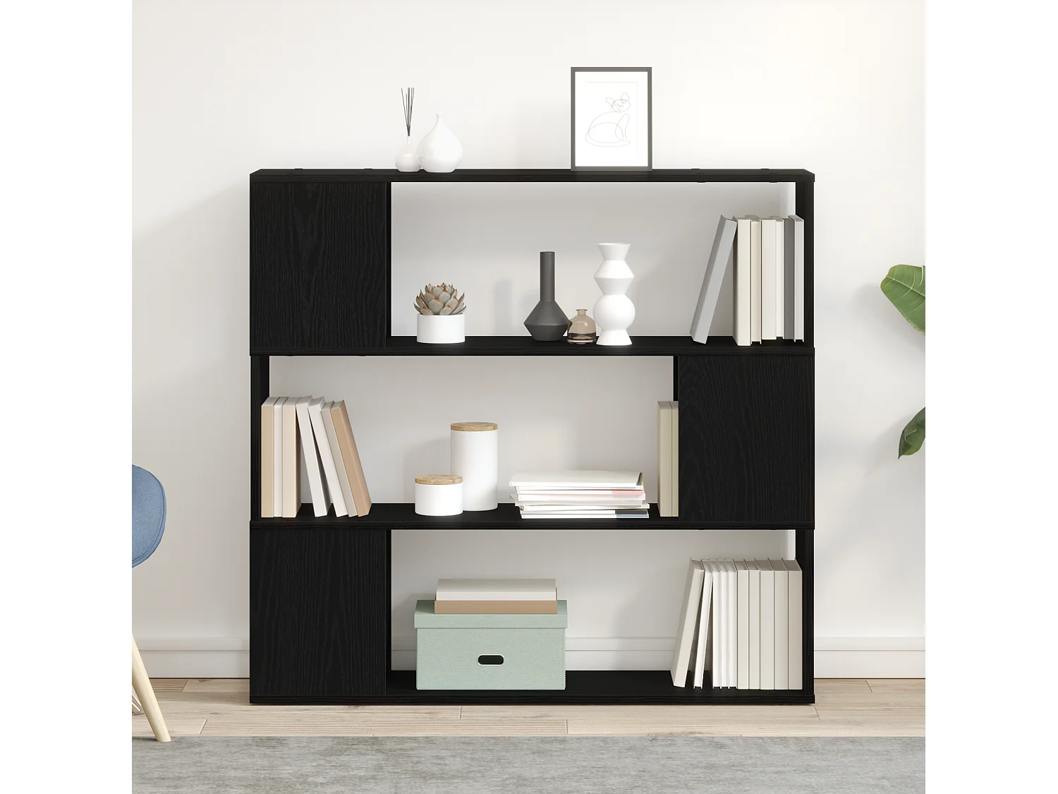 Librería en negro y roble, 100x24x94 cm, fabricada en madera de ingeniería.