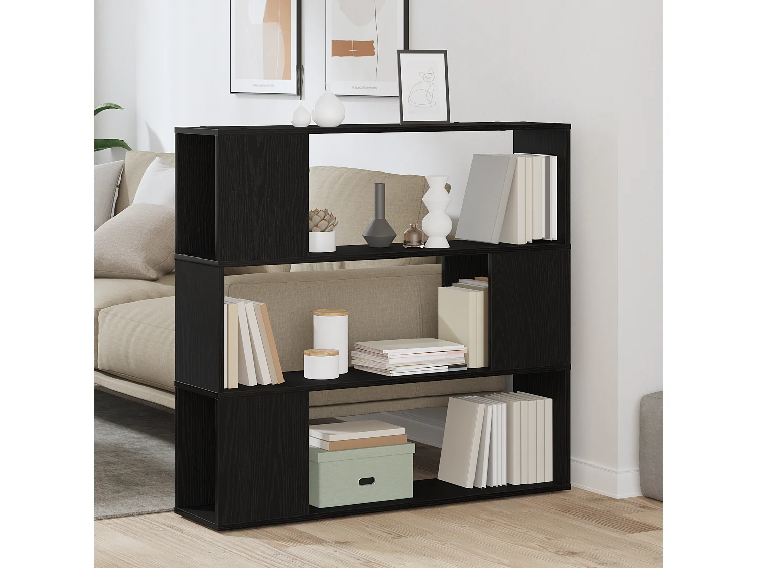 Librería en negro y roble, 100x24x94 cm, fabricada en madera de ingeniería.