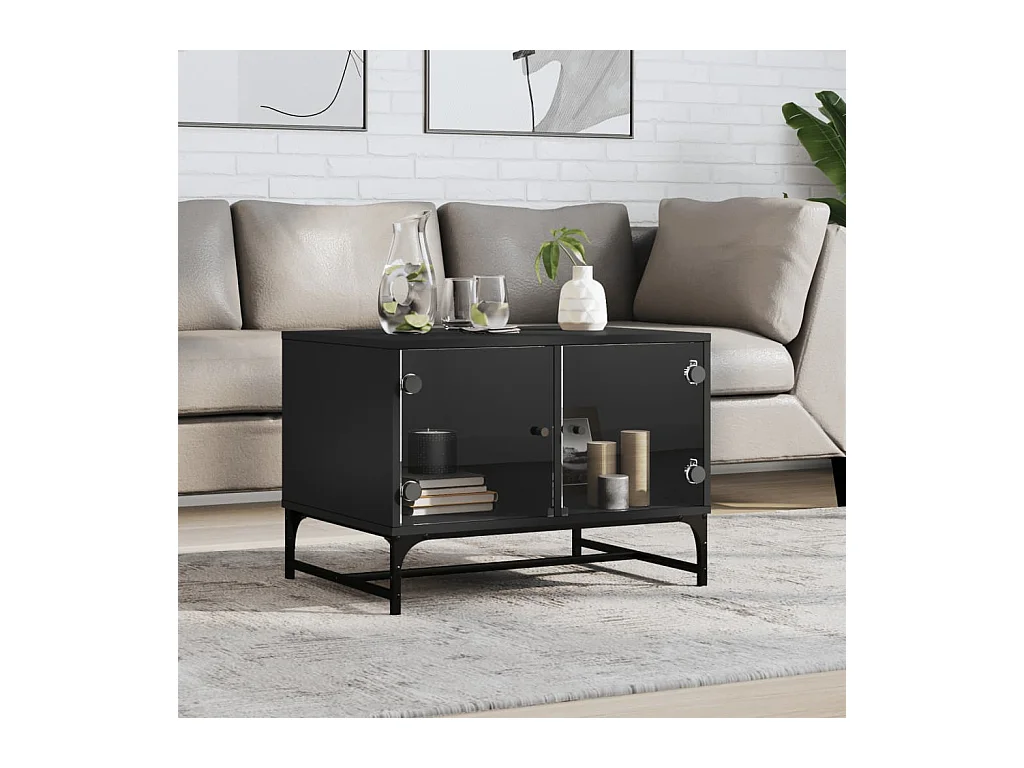 Table basse avec portes en verre noir 68,5x50x50 cm