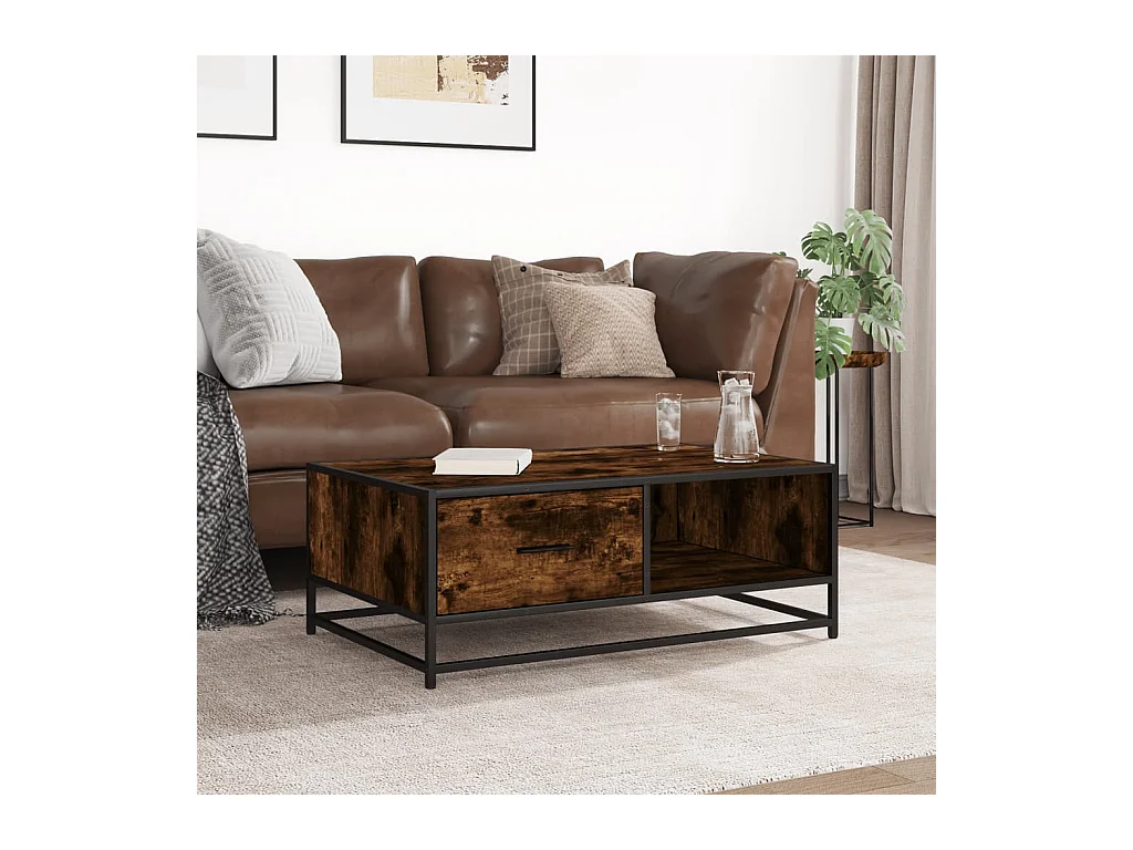 Mesa de centro de roble ahumado 90x57x35 cm de madera contrachapada y metal