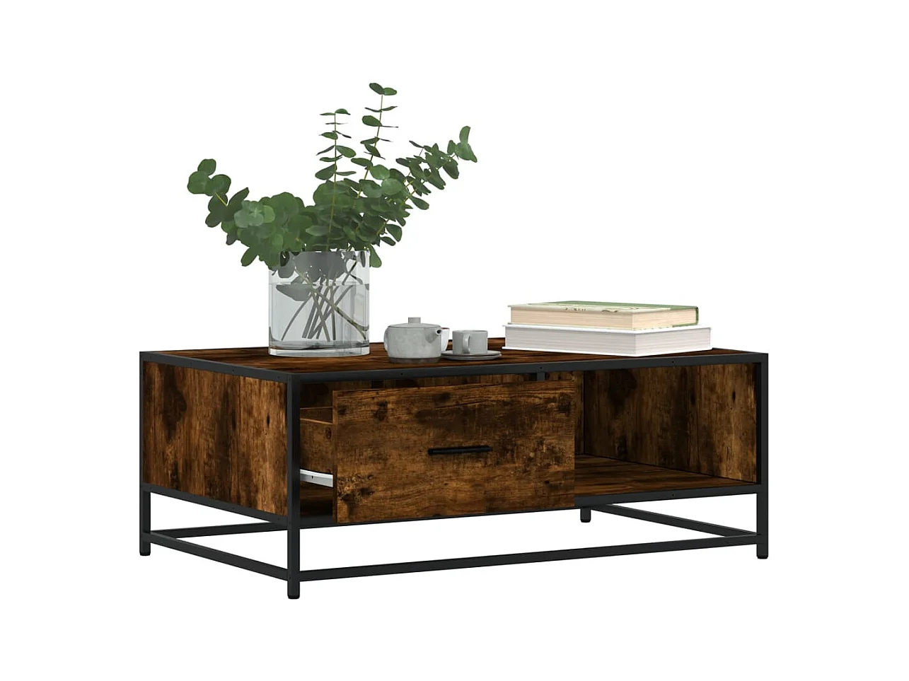 Mesa de centro de roble ahumado 90x57x35 cm de madera contrachapada y metal