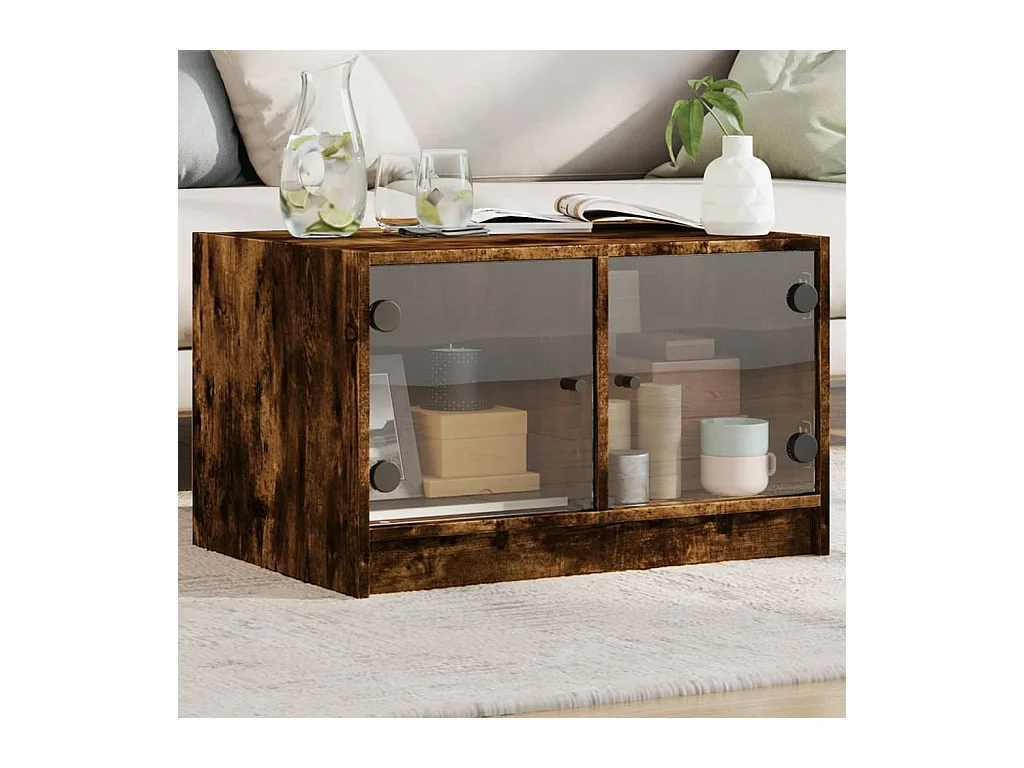 Table basse avec portes en verre chêne fumé 68x50x42 cm