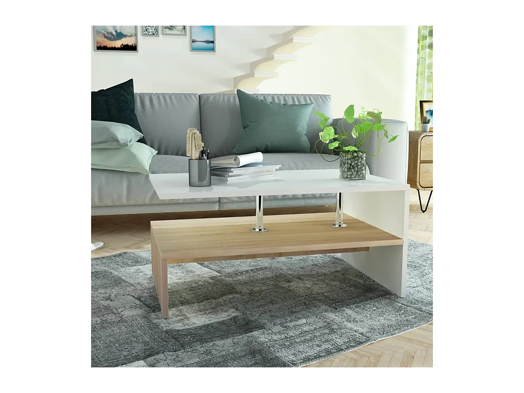 Table basse Bois d'ingénierie 90x59x42 cm Chêne et blanc