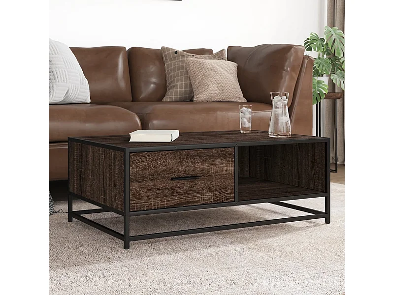 Mesa de centro de roble marrón 90x57x35 cm de madera contrachapada y metal