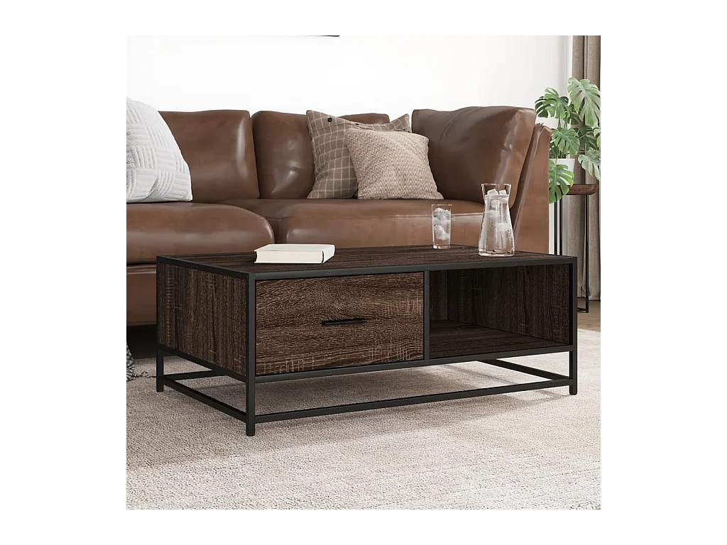 Mesa de centro de roble marrón 90x57x35 cm de madera contrachapada y metal