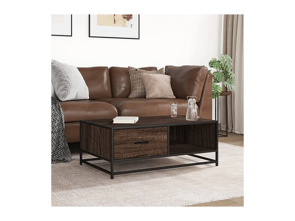 Mesa de centro de roble marrón 90x57x35 cm de madera contrachapada y metal