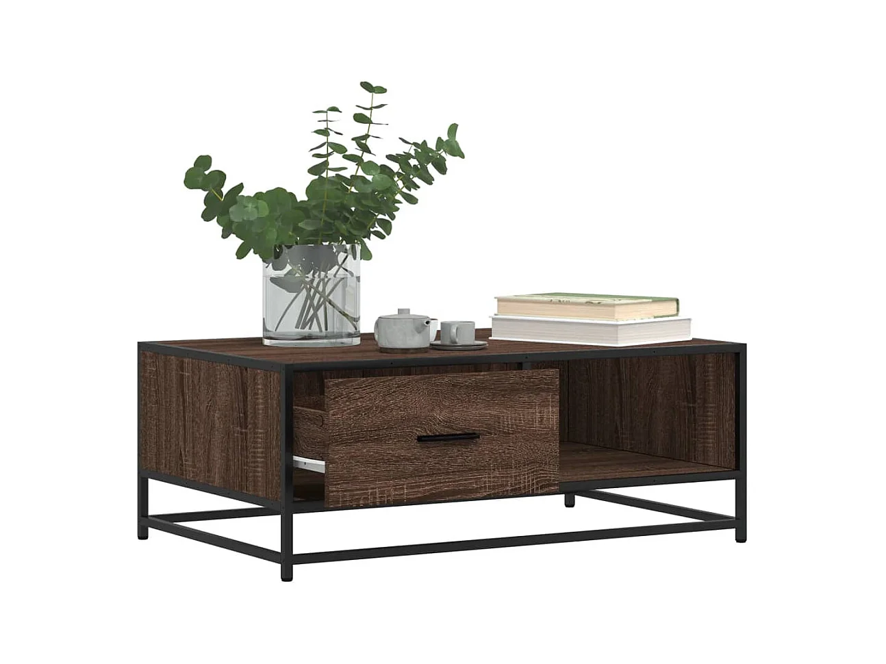 Mesa de centro de roble marrón 90x57x35 cm de madera contrachapada y metal