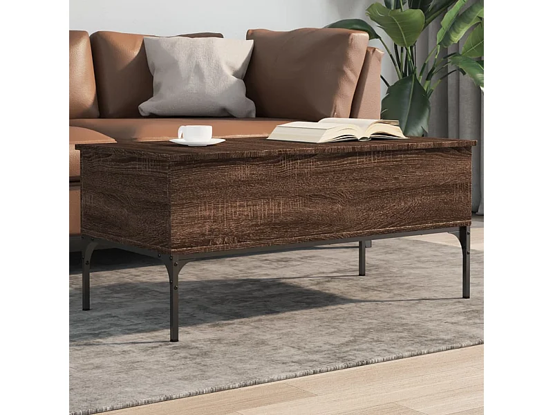 Bruine eiken salontafel 100x50x45cm bewerkt hout en metaal