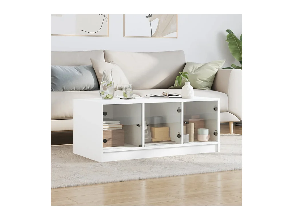 Table basse avec portes en verre blanc 102x50x42 cm