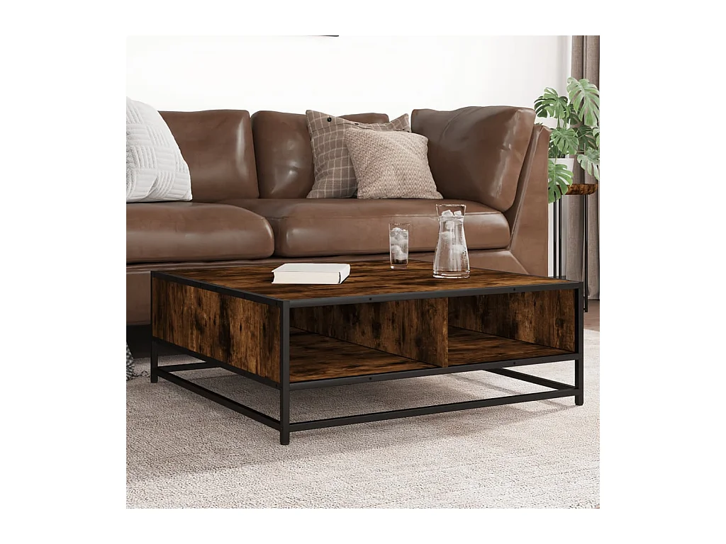 Tavolino da caffè in rovere affumicato 80x80x30 cm in legno ingegnerizzato e metallo