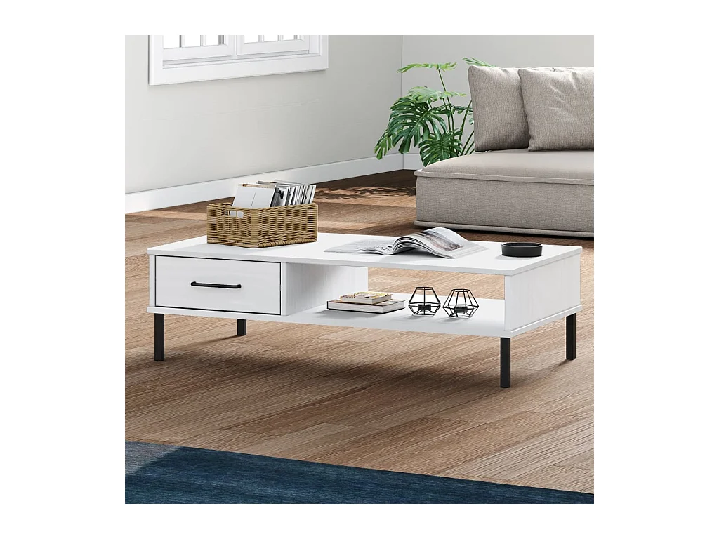Table basse avec pieds en métal Blanc Bois pin massif OSLO