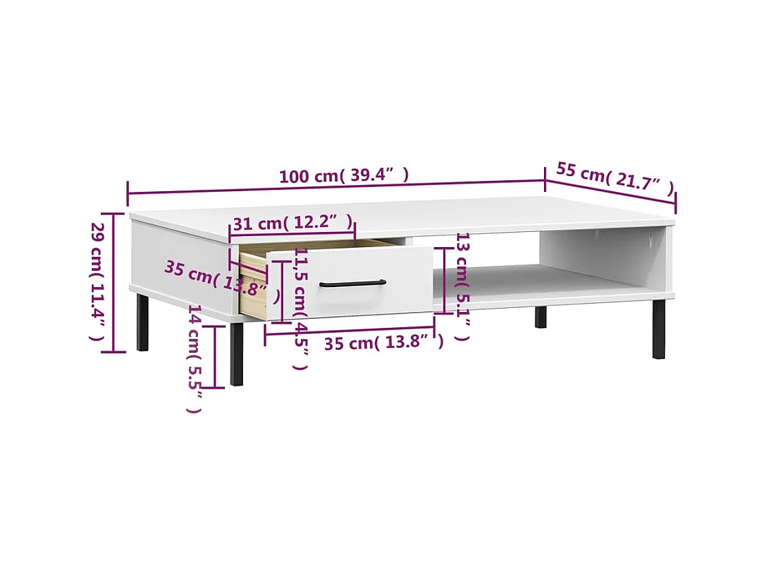 Table basse avec pieds en métal Blanc Bois pin massif OSLO