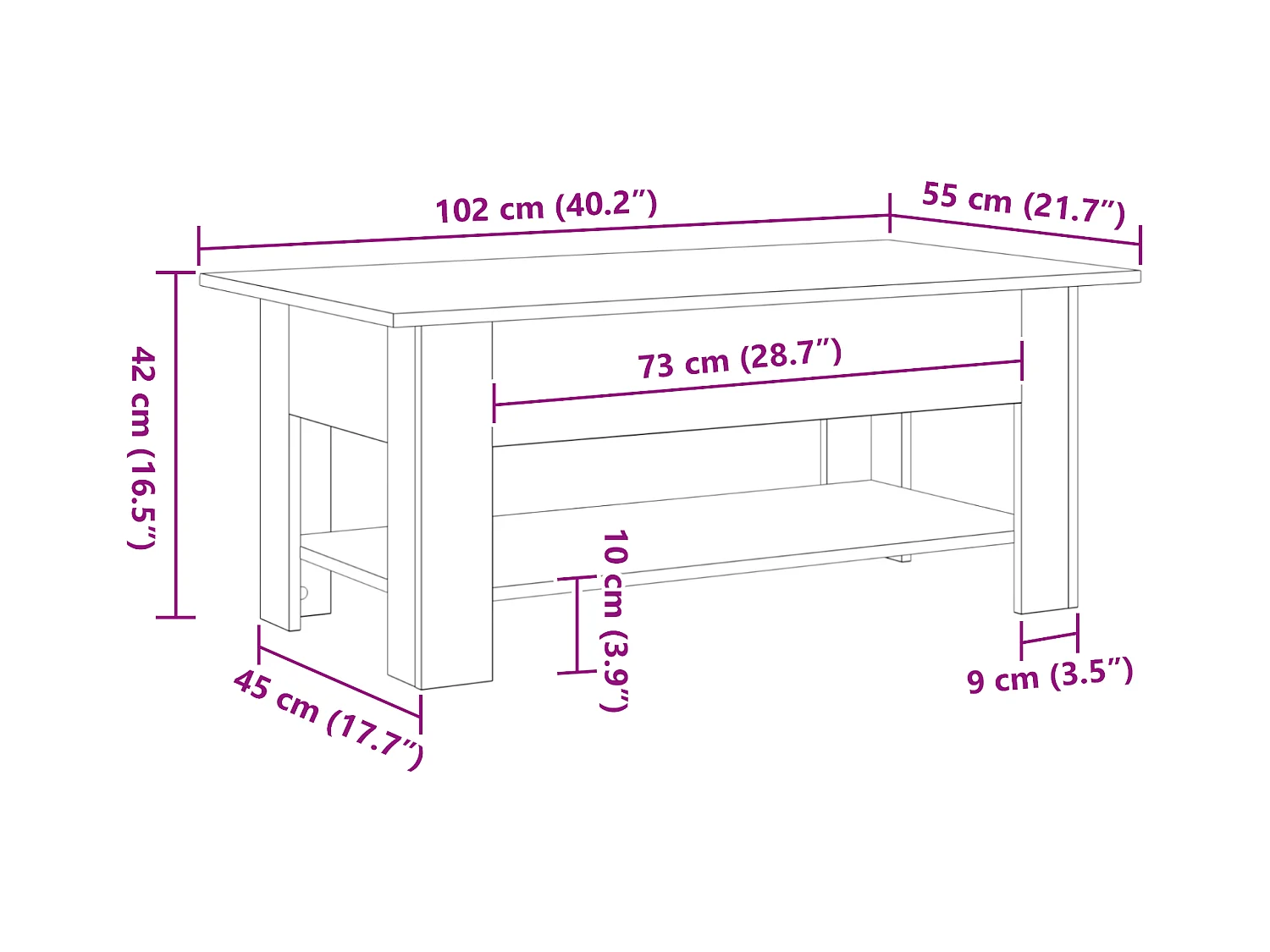 Table basse en chêne noir 102x55x42 cm en bois aggloméré