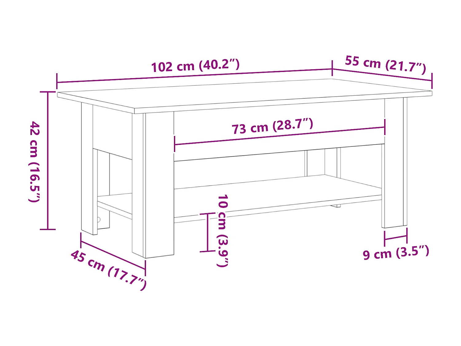 Table basse en chêne noir 102x55x42 cm en bois aggloméré