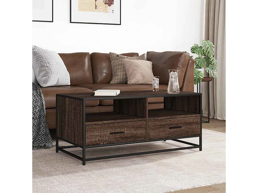 Mesa de centro de roble marrón 100x50x45cm madera de ingeniería y metal