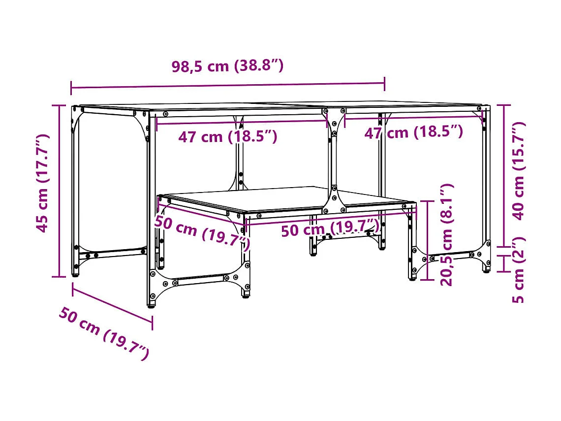 Table basse avec dessus en verre transparent 98,5x50x45cm acier