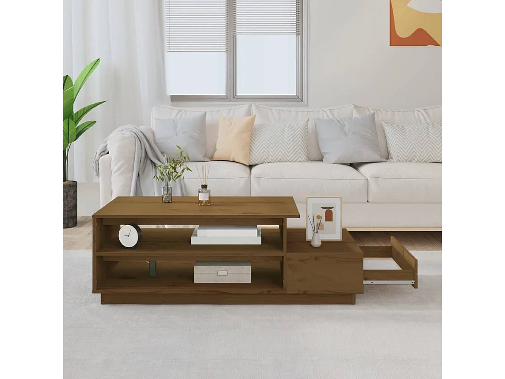 Tavolino da caffè color miele 120x50x40,5 cm in legno massello di pino