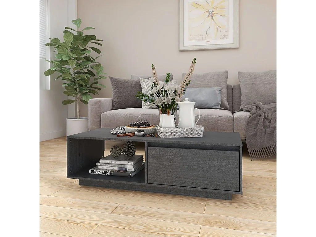 Table basse gris 110x50x33,5 cm bois de pin massif
