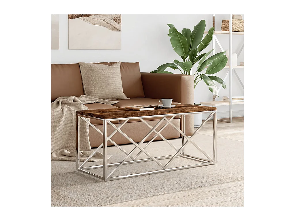 Table basse acier inoxydable et bois massif de récupération