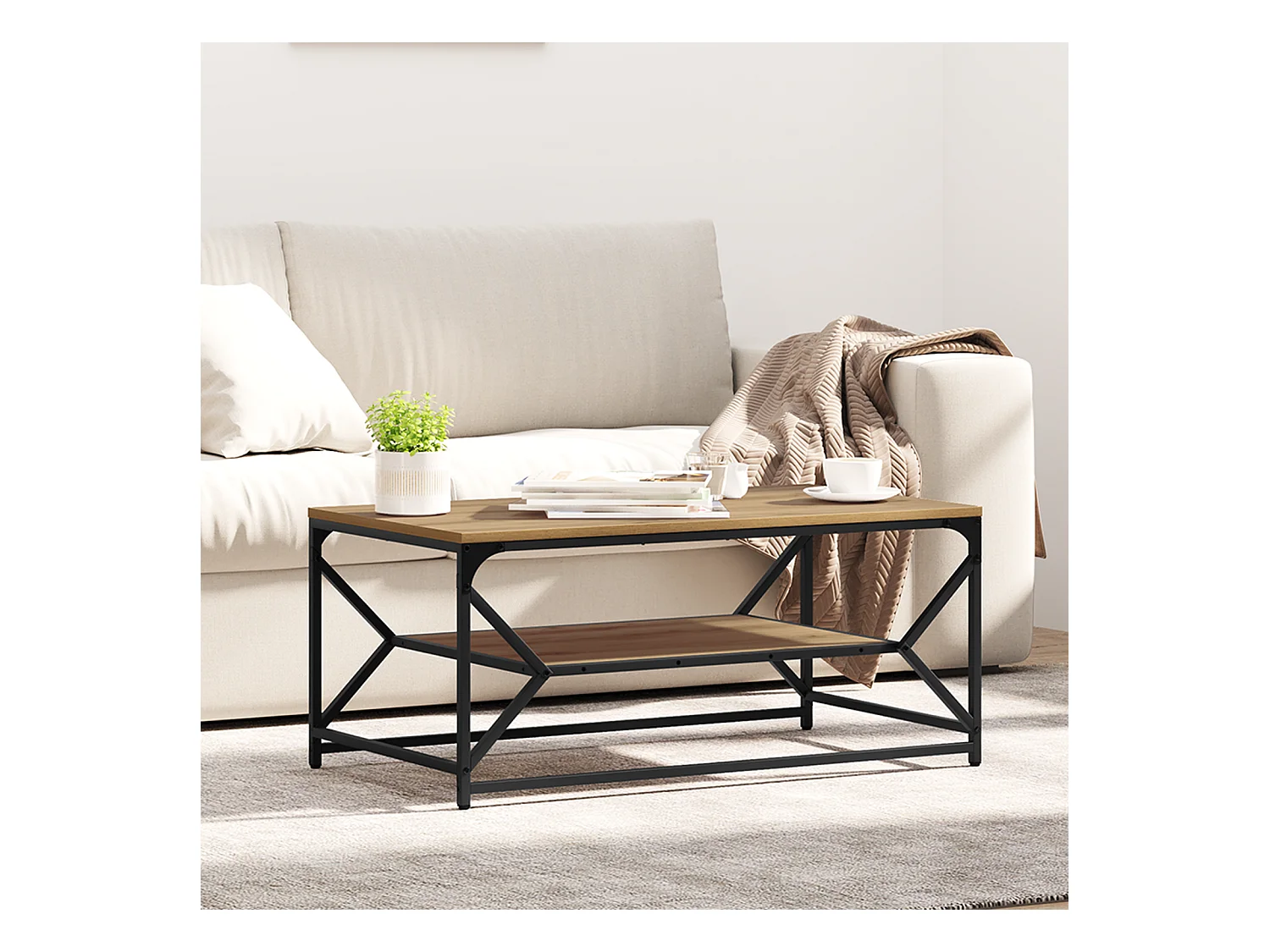 Table basse avec étagère en chêne artisan, 90x50x40 cm, en bois d'ingénierie