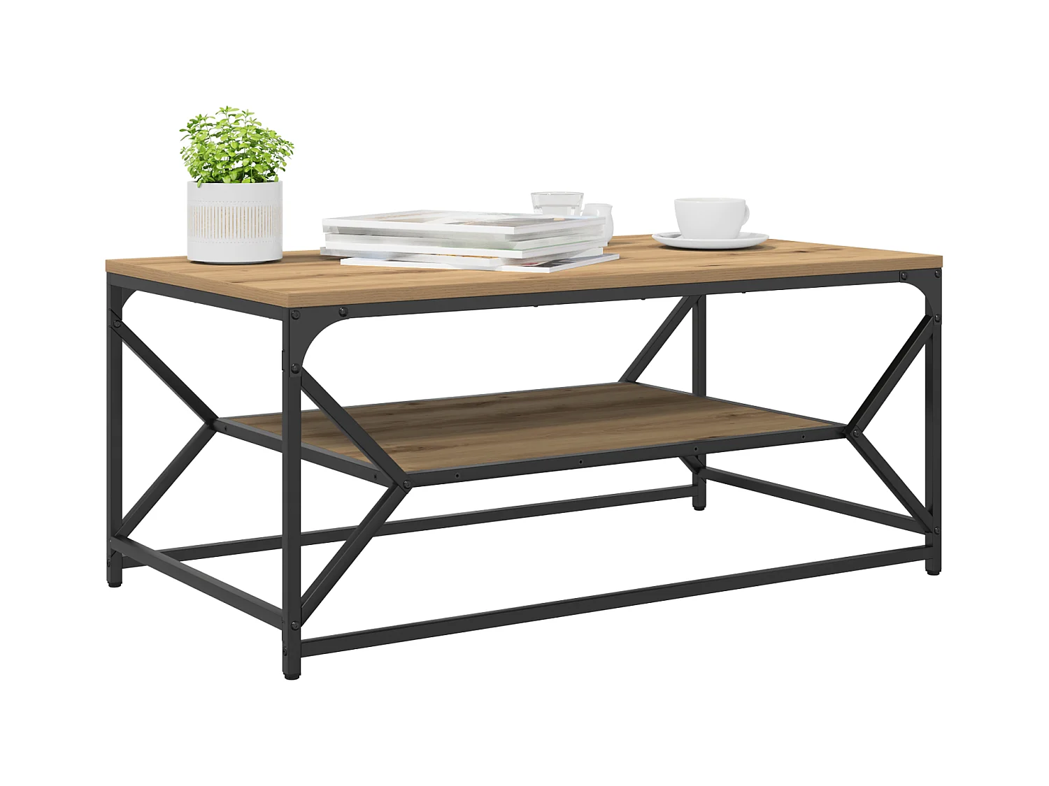 Table basse avec étagère en chêne artisan, 90x50x40 cm, en bois d'ingénierie