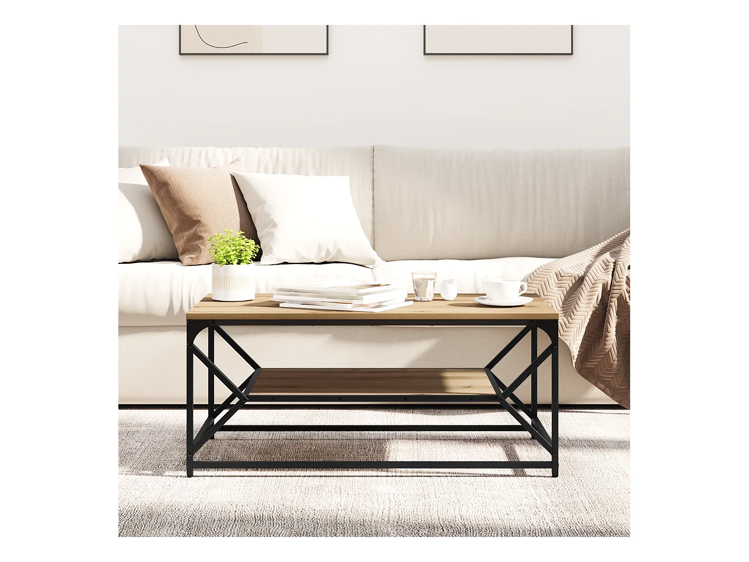 Table basse avec étagère en chêne artisan, 90x50x40 cm, en bois d'ingénierie