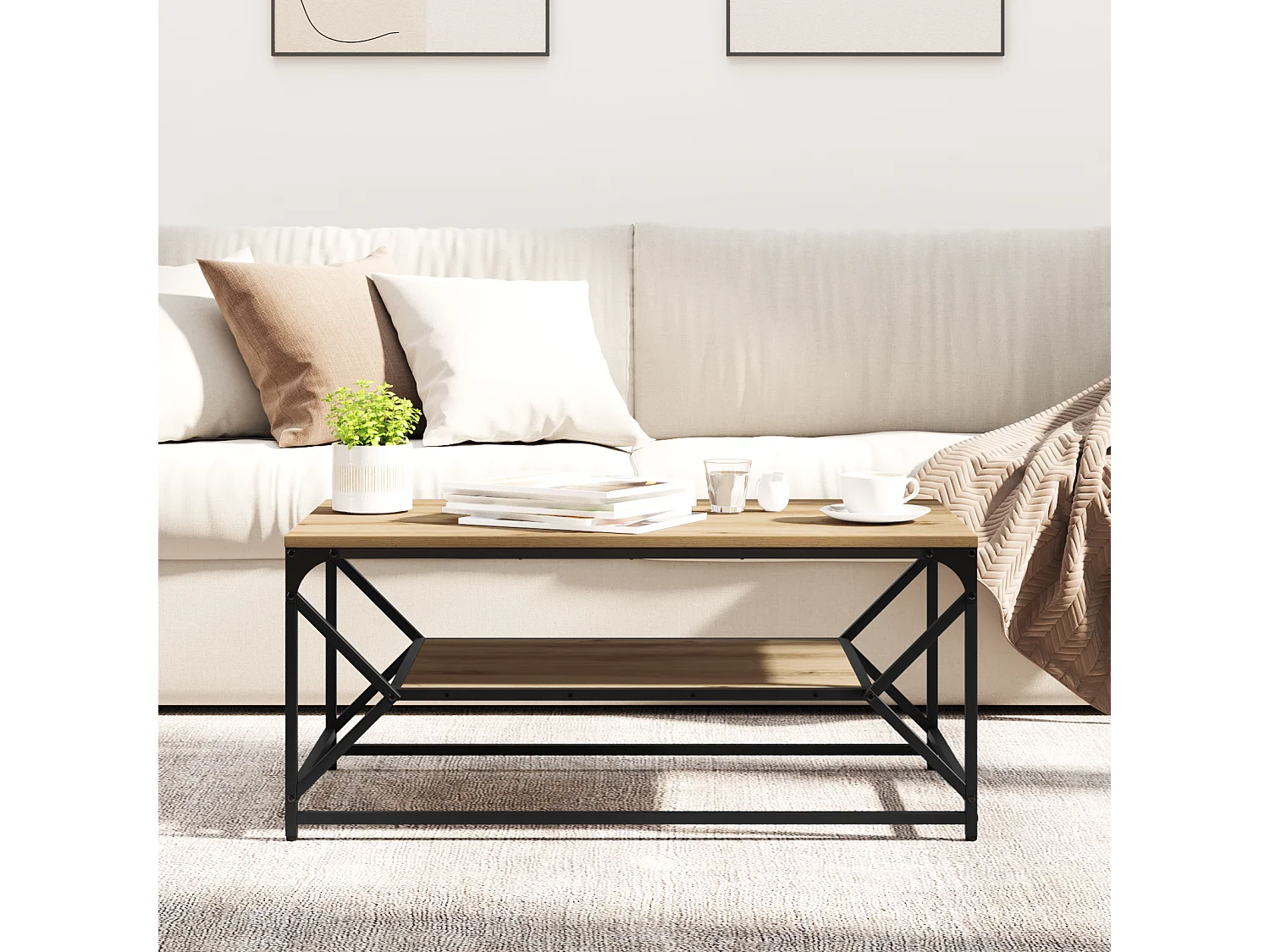 Table basse avec étagère en chêne artisan, 90x50x40 cm, en bois d'ingénierie