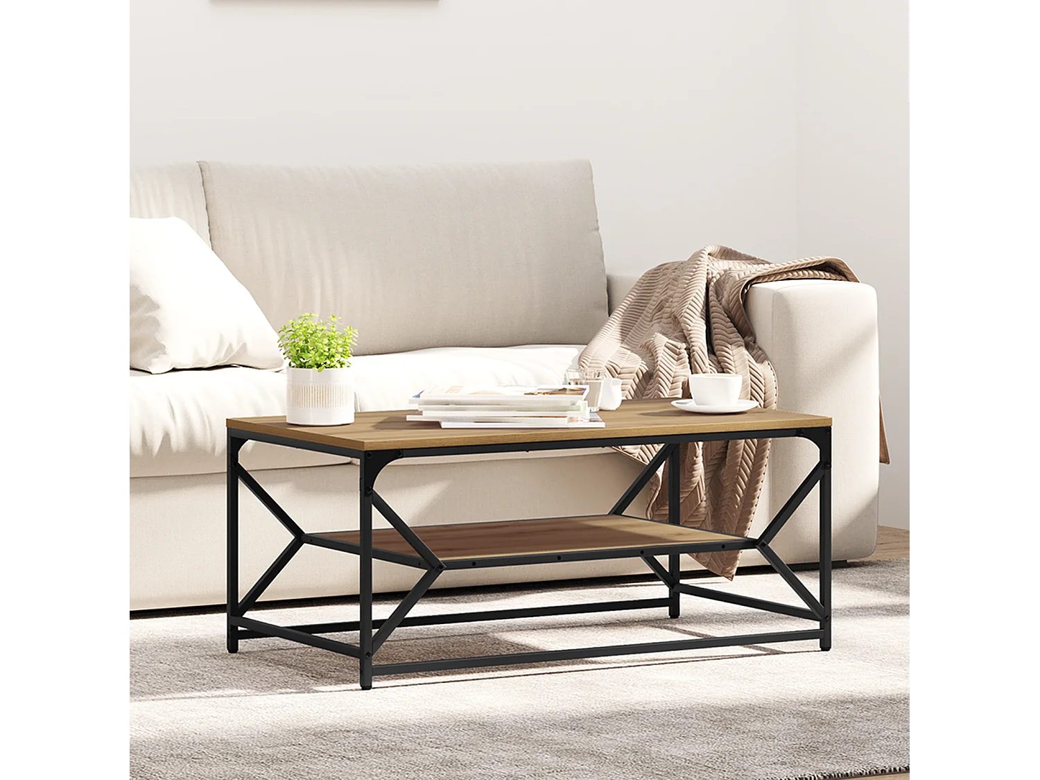 Table basse avec étagère en chêne artisan, 90x50x40 cm, en bois d'ingénierie