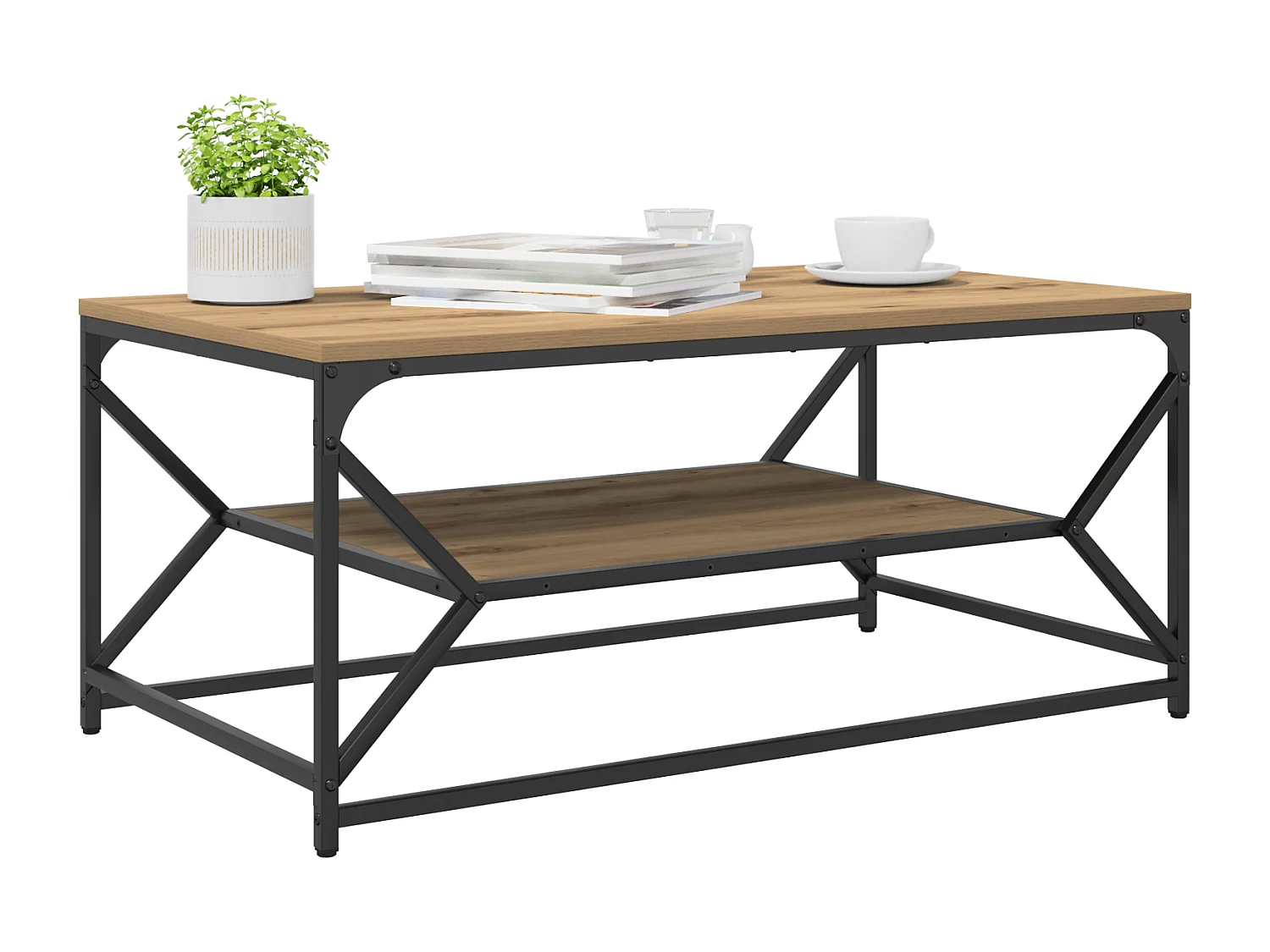 Table basse avec étagère en chêne artisan, 90x50x40 cm, en bois d'ingénierie