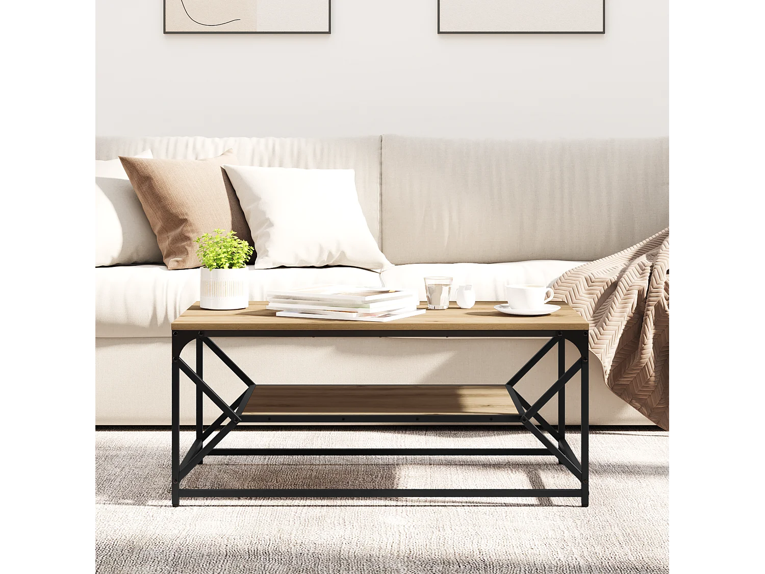 Table basse avec étagère en chêne artisan, 90x50x40 cm, en bois d'ingénierie